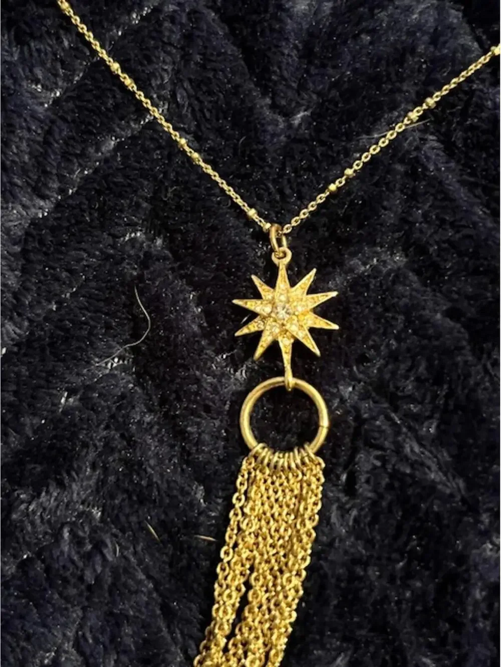 Gold Tone Starburst Tassel Necklace